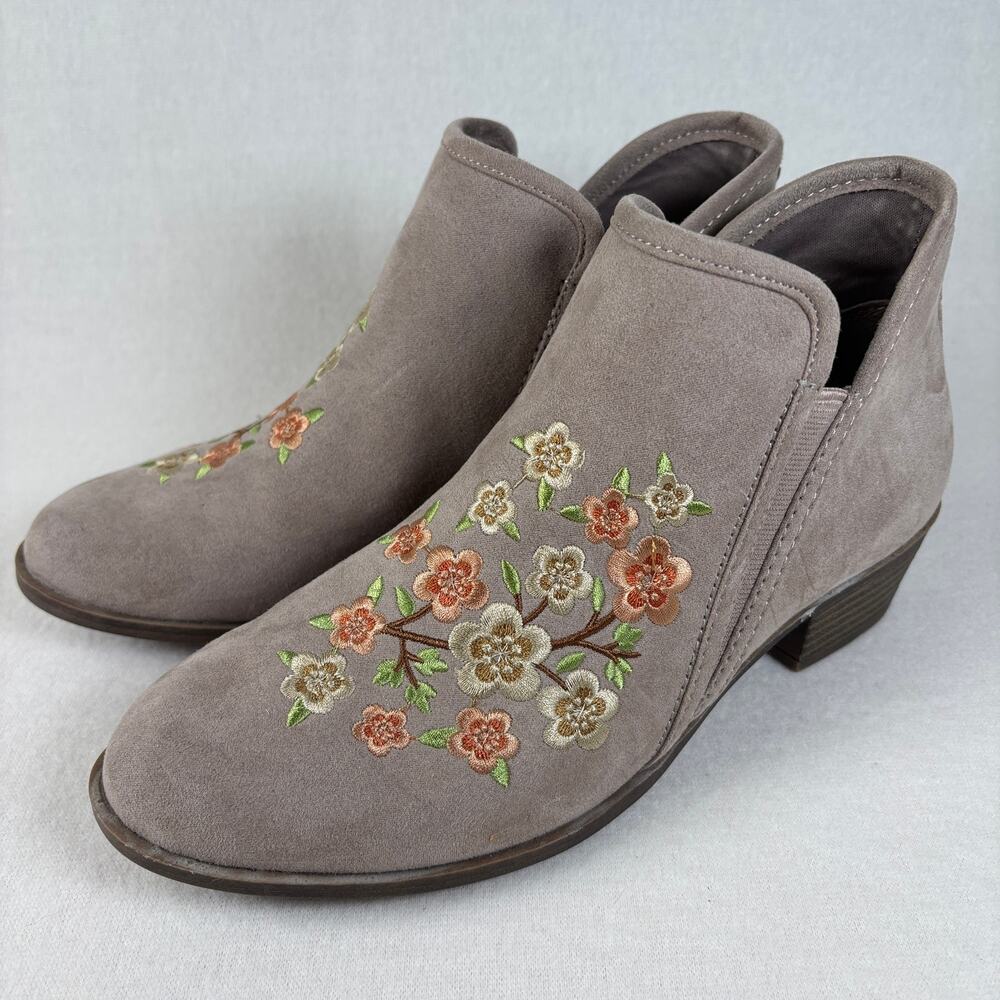 SO Meme Floral Embroidered Faux Suede Ankle Boots Stone Taupe Women's 7